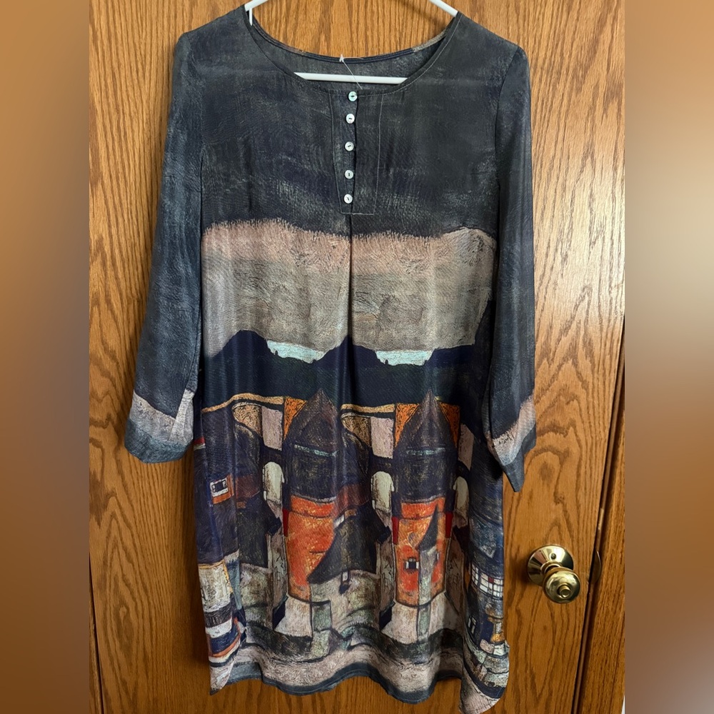 Stylewe 100% Silk Crepe de Chine Shirt or Shift Dress Artist Print Women's Sz M